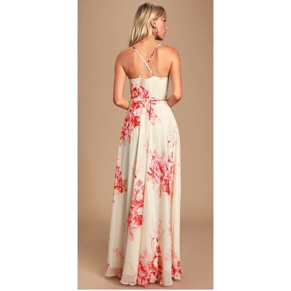 Lulus Cream and Coral Floral Wrap Elegantly Inclined  Maxi Dress Size: S - Picture 11 of 15